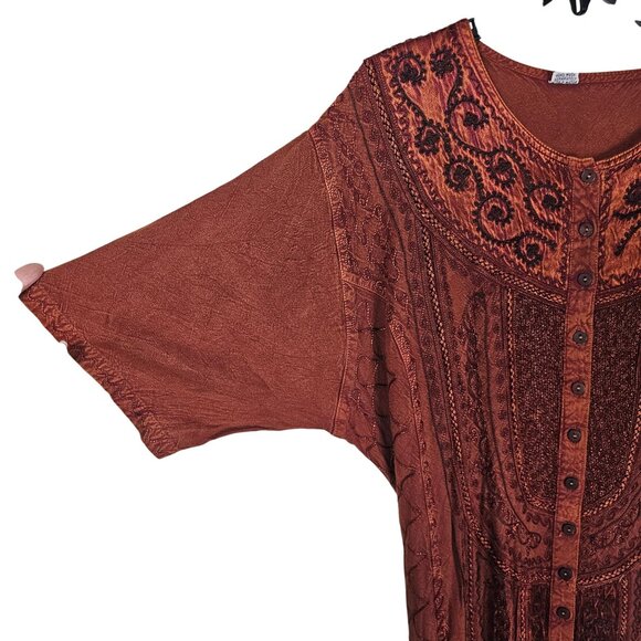 Bohemian Embroidered Maxi Dress OS Rust Button Front Tie Back Flowy Viscose - Picture 3 of 10
